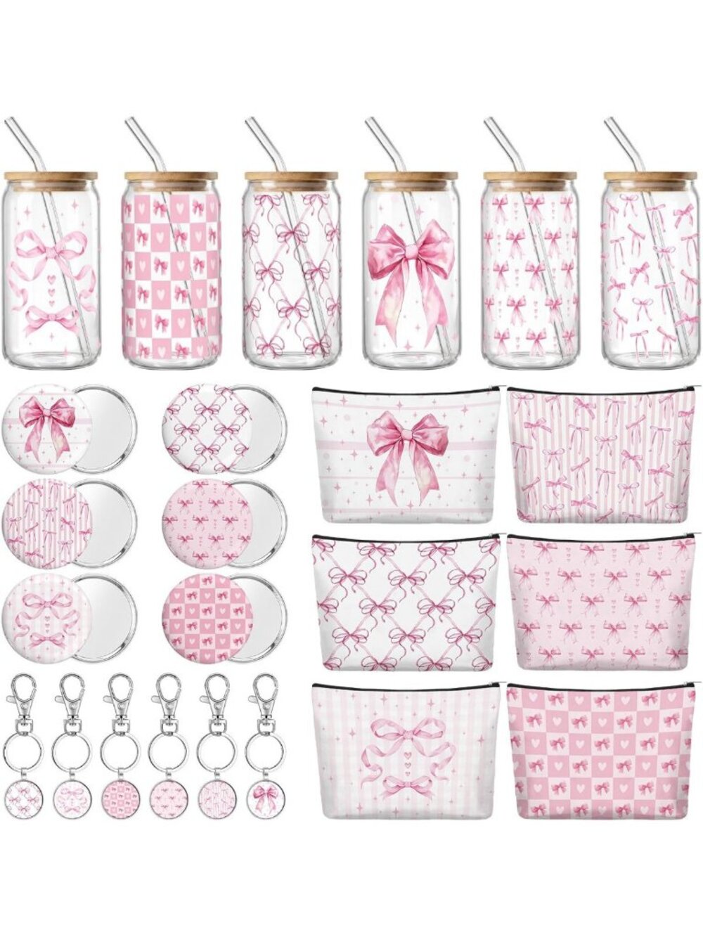 24 Pcs Pink Bow Gift Set - Glass Tumblers, Makeup Bags, Mini Mirrors & Keychains